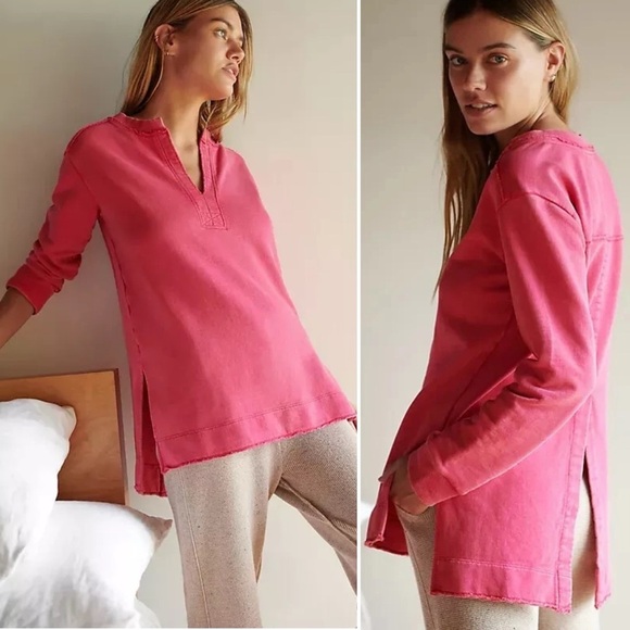 Anthropologie Pilcro Oversized Split Hem Tunic Top Medium hot pink pullover boho - Picture 1 of 11
